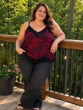 Lane Bryant Red and Black Leopard Lace-Trim Cami